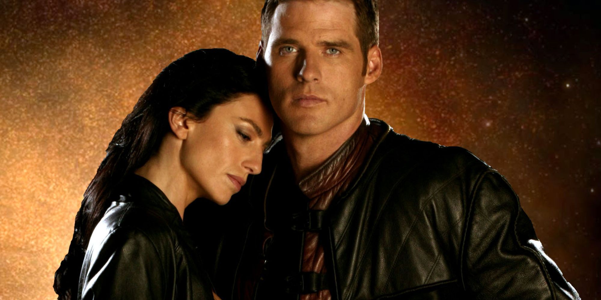 Claudia Black as Aeryn Sun and Ben Browder as John Crichton in Farscape
