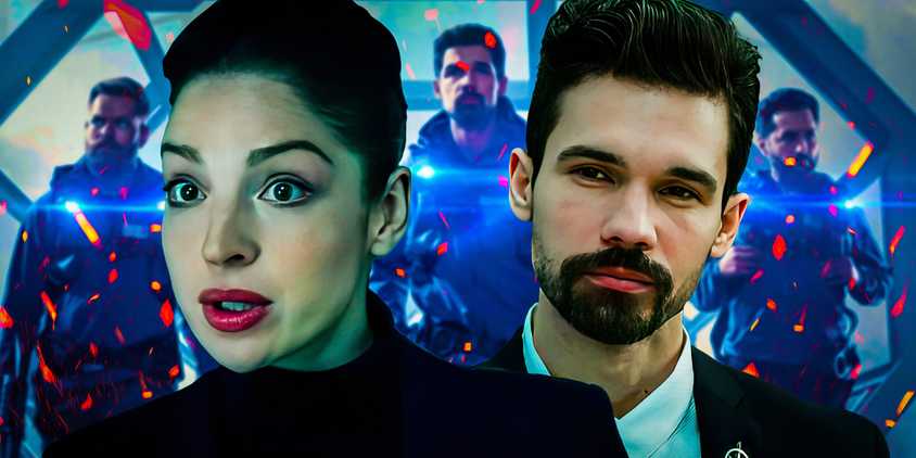 Anna Hopkins as Monica Stuart and Steven Strait as James Holden in The Expanse.