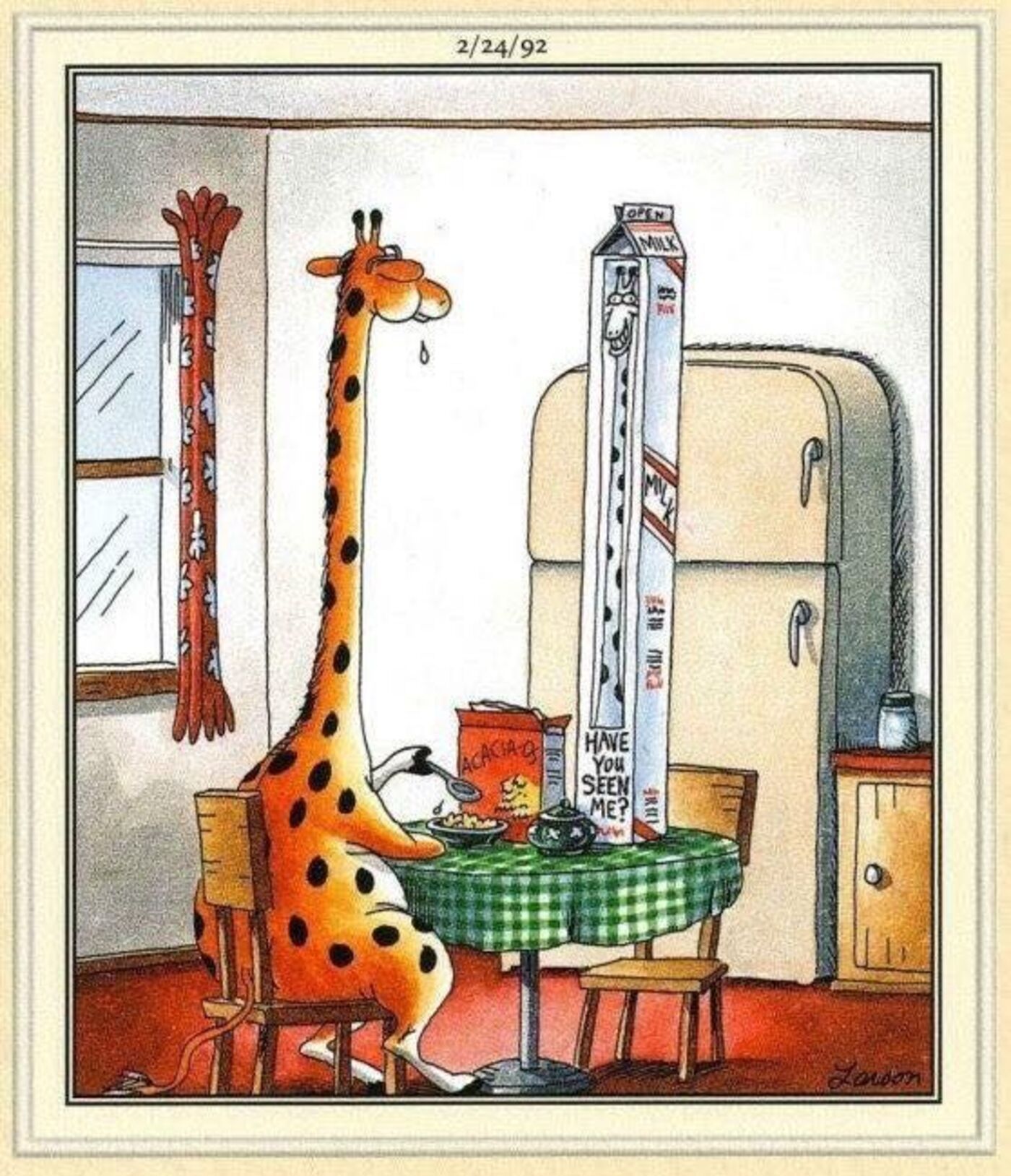 Far side, a giraffe looking at a very long milk box.