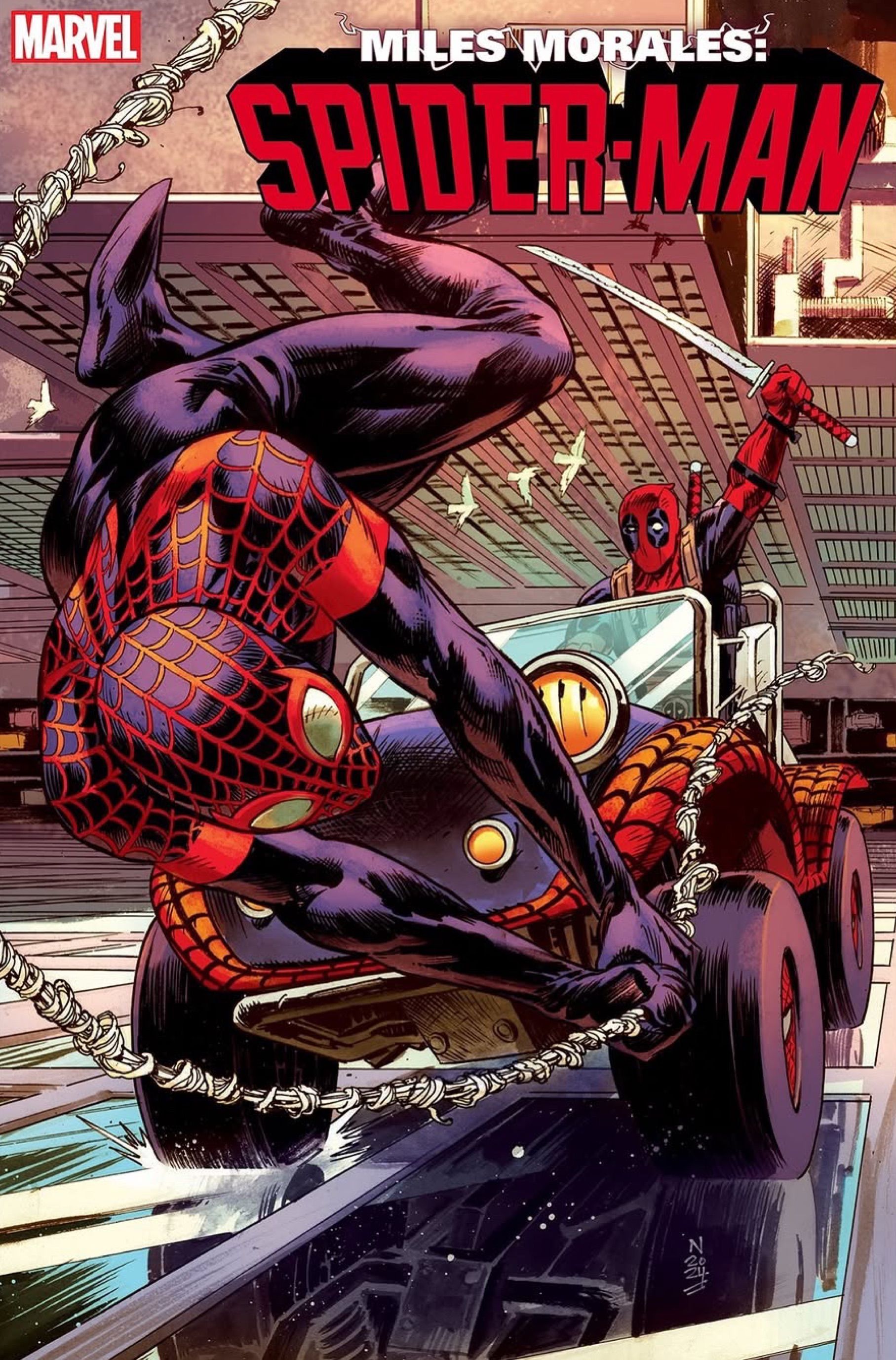 Miles Morales: Spider -Man #30 Biến thể từ Nic Klein - Deadpool theo đuổi Miles trong xe hơi