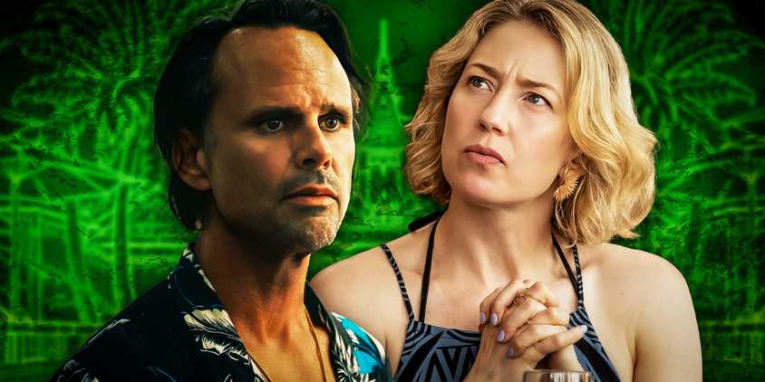 Walton Goggins and Carrie Coon as Rick and Laurie in The White Lotus season 3 against a green background