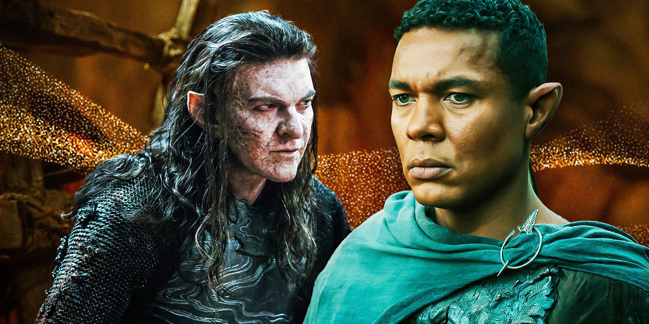 Adar played by Sam Hazledine on the right and Ismael Cruz Cordova as Arondir in Rings of Power.