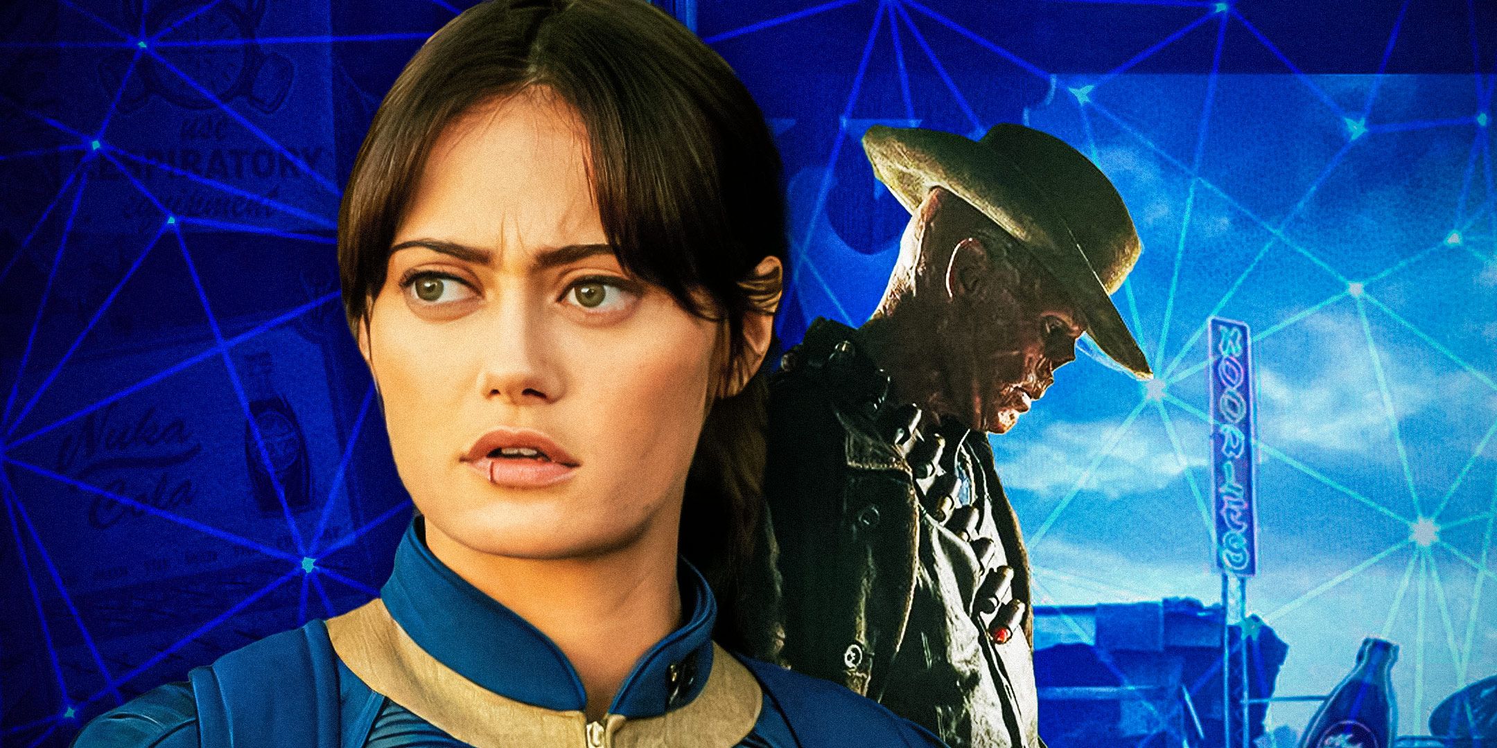 Lucy MacLean (Ella Purnell) and the Ghoul (Walton Goggins) against a blue background in Fallout