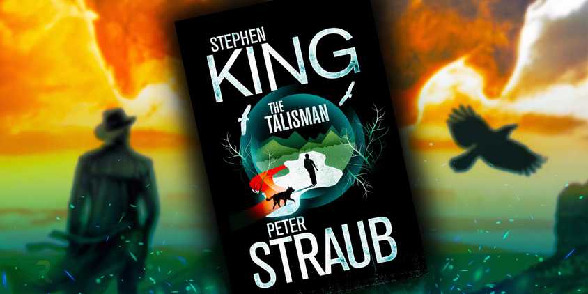 The cover of Stephen King and Peter Straub's The Talisman on a background of a man and bird in silhouette