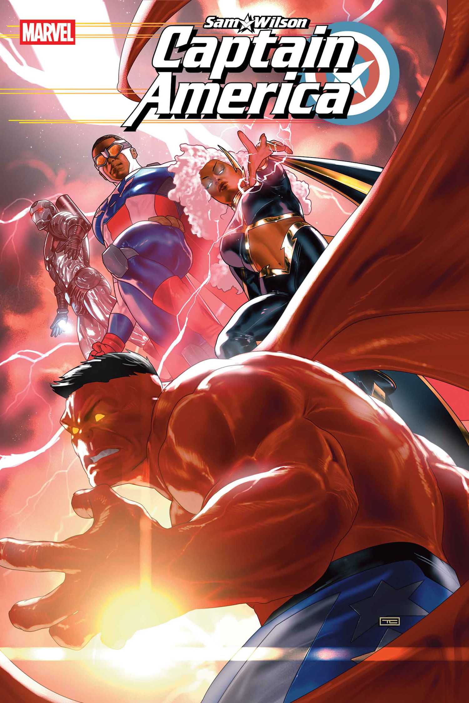 Sam Wilson: Captain America #5 Cover by Taurin Clarke - War Machine, Cap, and Storm above a winged Red Hulk