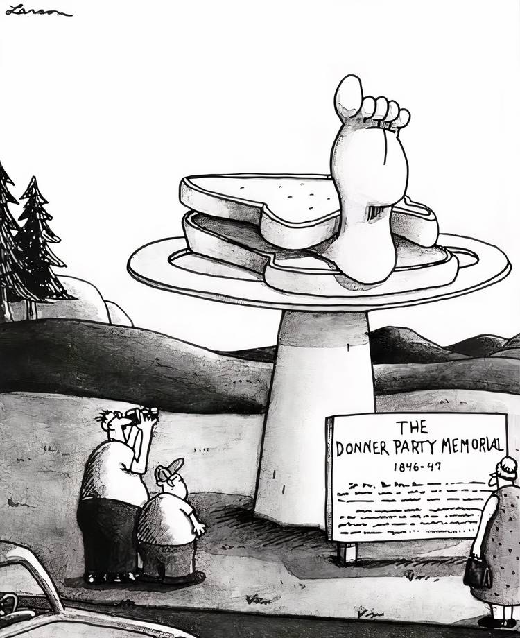 Tourists looking at a statue of a sandwich with a foot sticking out of it in The Far Side.