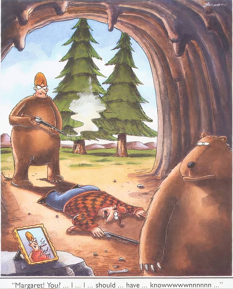 A woman in a bear costume shooting her husband in a bear cave in The Far Side.