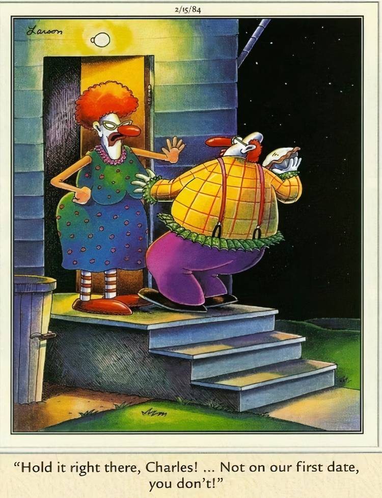 Two clowns ending their first date in The Far Side.