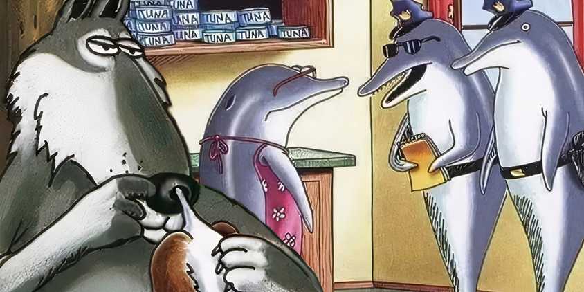 A wolf snorting a duck and police questioning a dolphin in The Far Side.