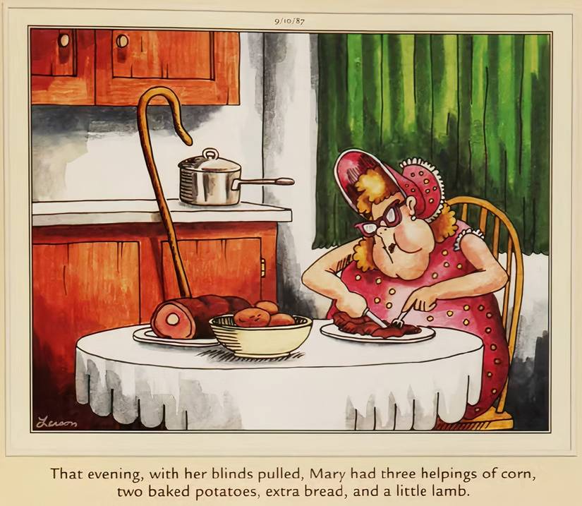 A woman named Mary eating lamb in The Far Side.