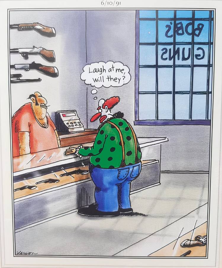A disgruntled clown buying a gun in The Far Side.