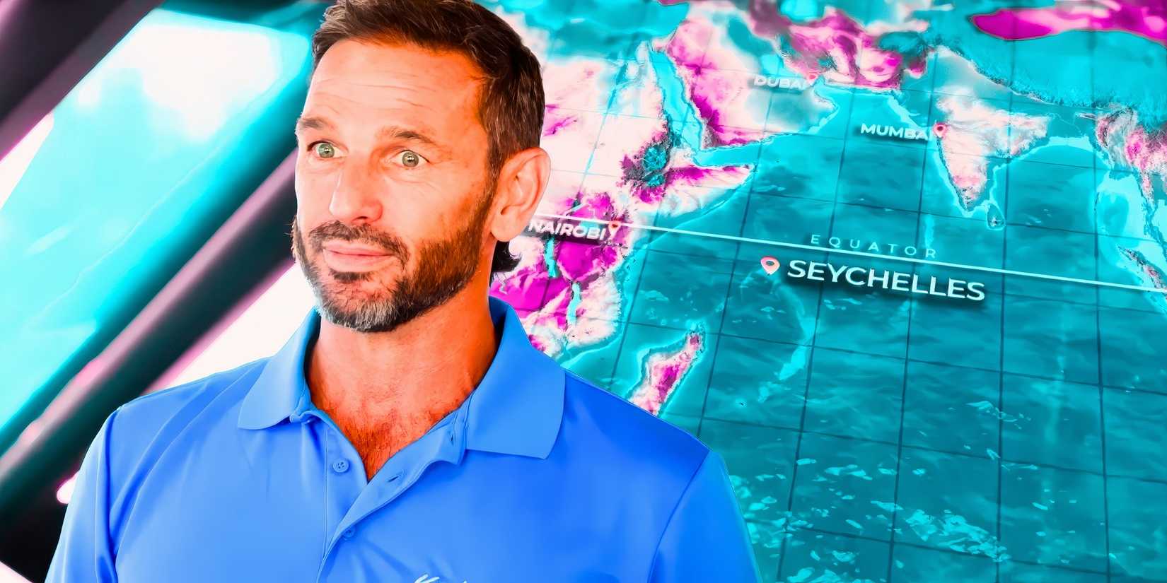 image of Captan jason Below Deck Down Under with Seychelles on map behind him