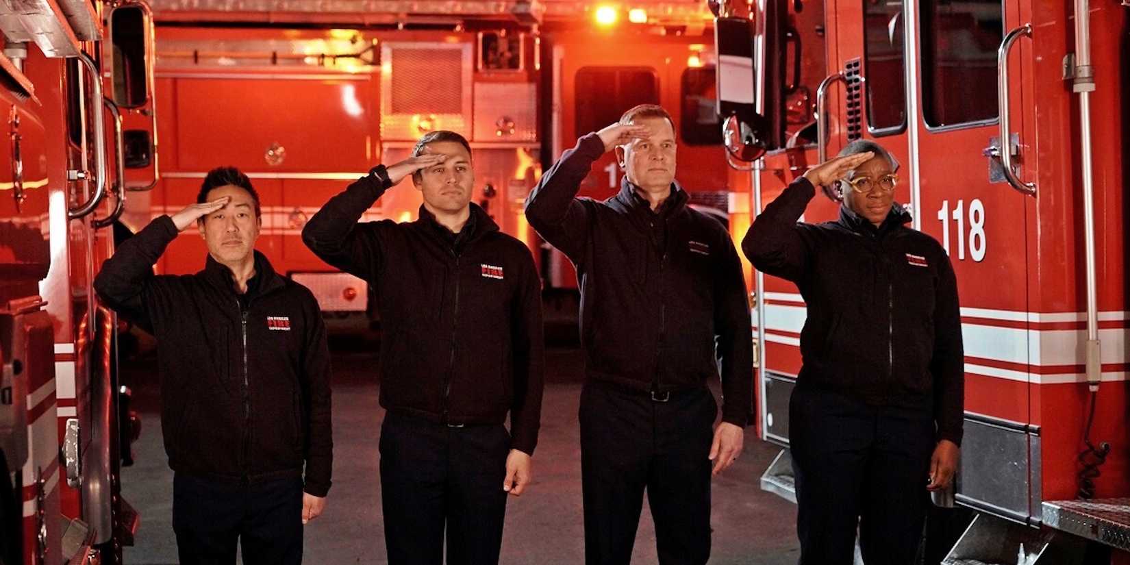 Members of the 118 saluting in 9-1-1season 3, episode 16, "The One That Got Away."