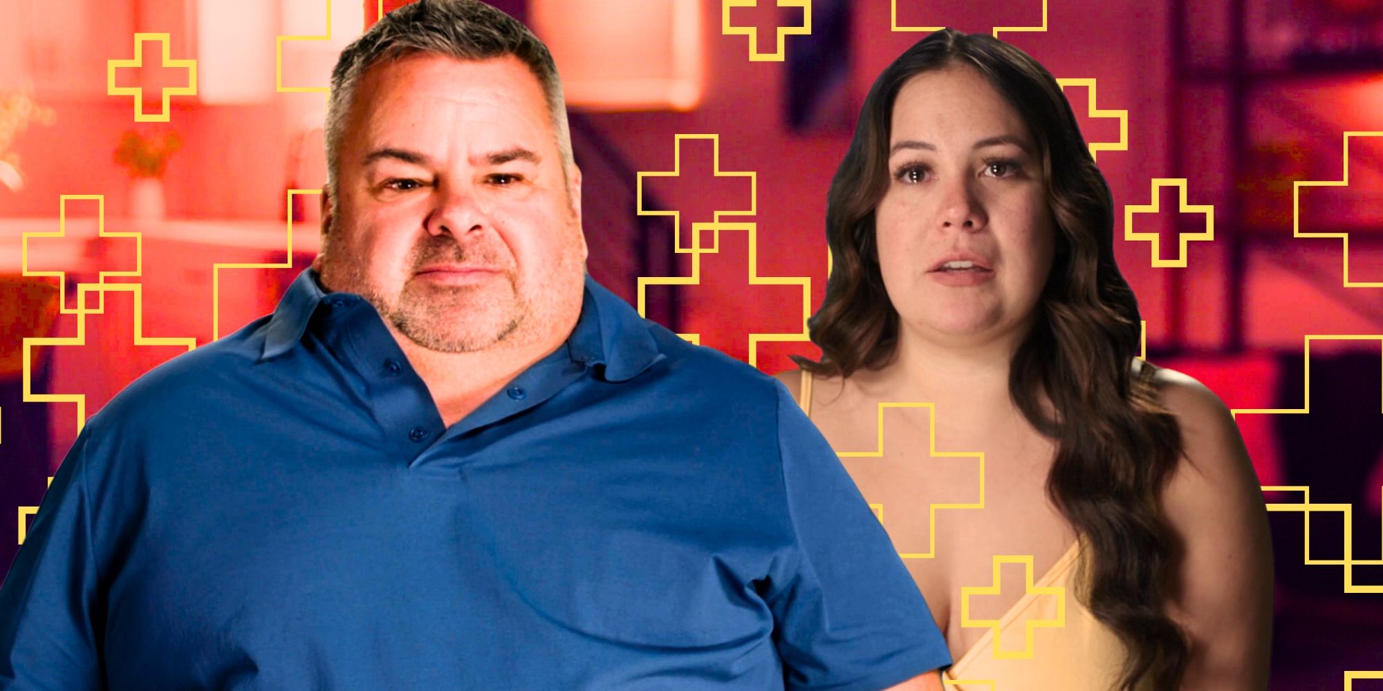 90 Day Fiancé’s Big Ed Brown and Liz Woods look serious amid red and yellow medical + symbols.