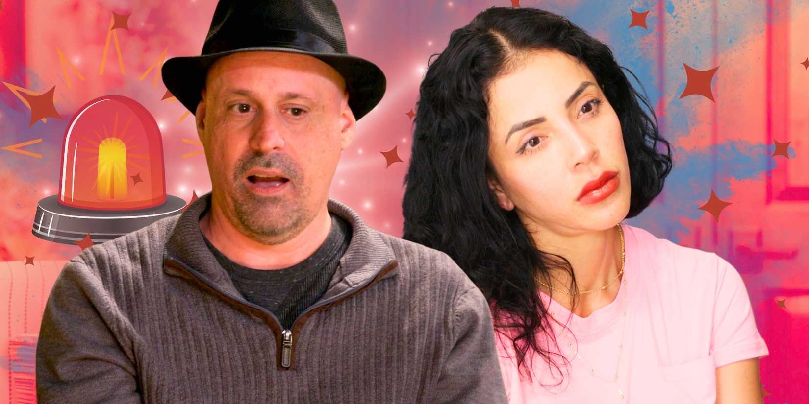 90 Day Fiancé’s Gino Palazzolo and Jasmine Pineda look serious next to a red warning light.