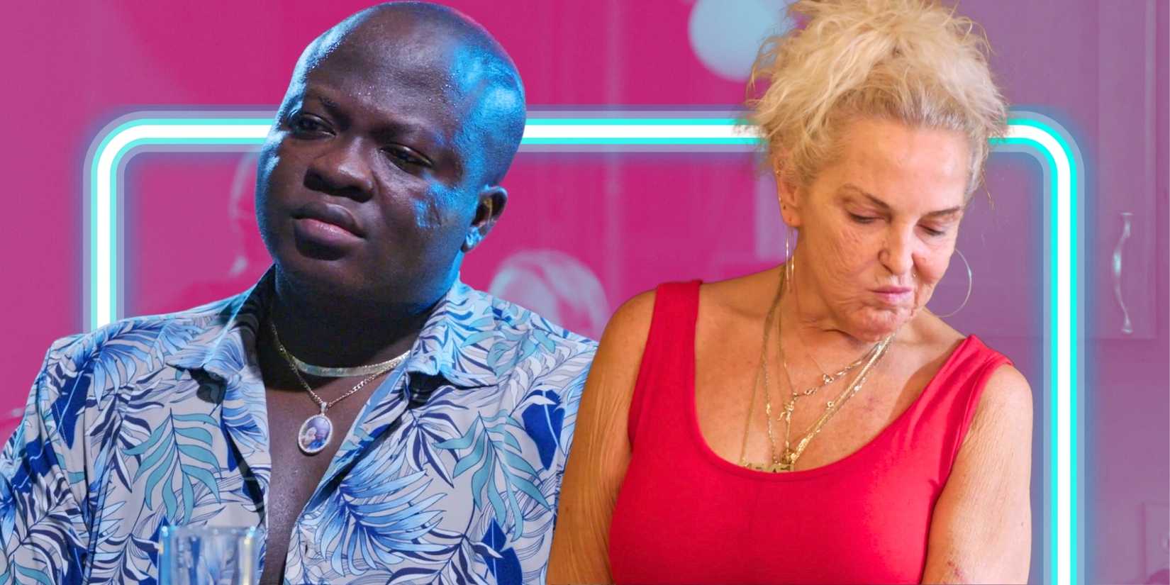 90 Day Fiancé’s Michael Ilesanmi looks worried and Angela Deem scrunches her mouth while looking down.