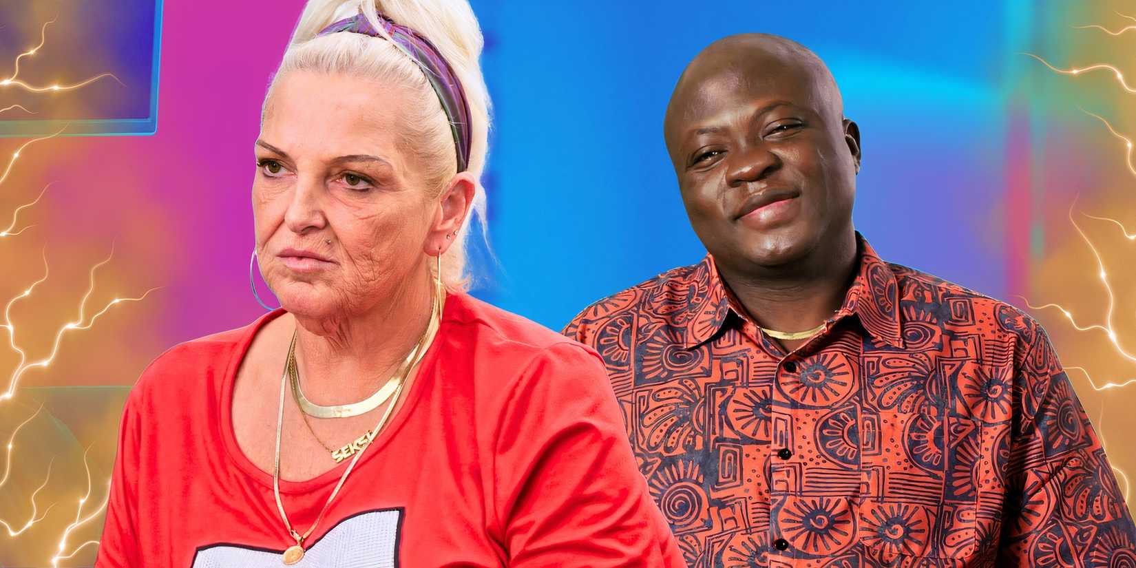 90 Day Fiancé Angela Deem glum in red top with Michael Ilesanmi smiling in printed shirt