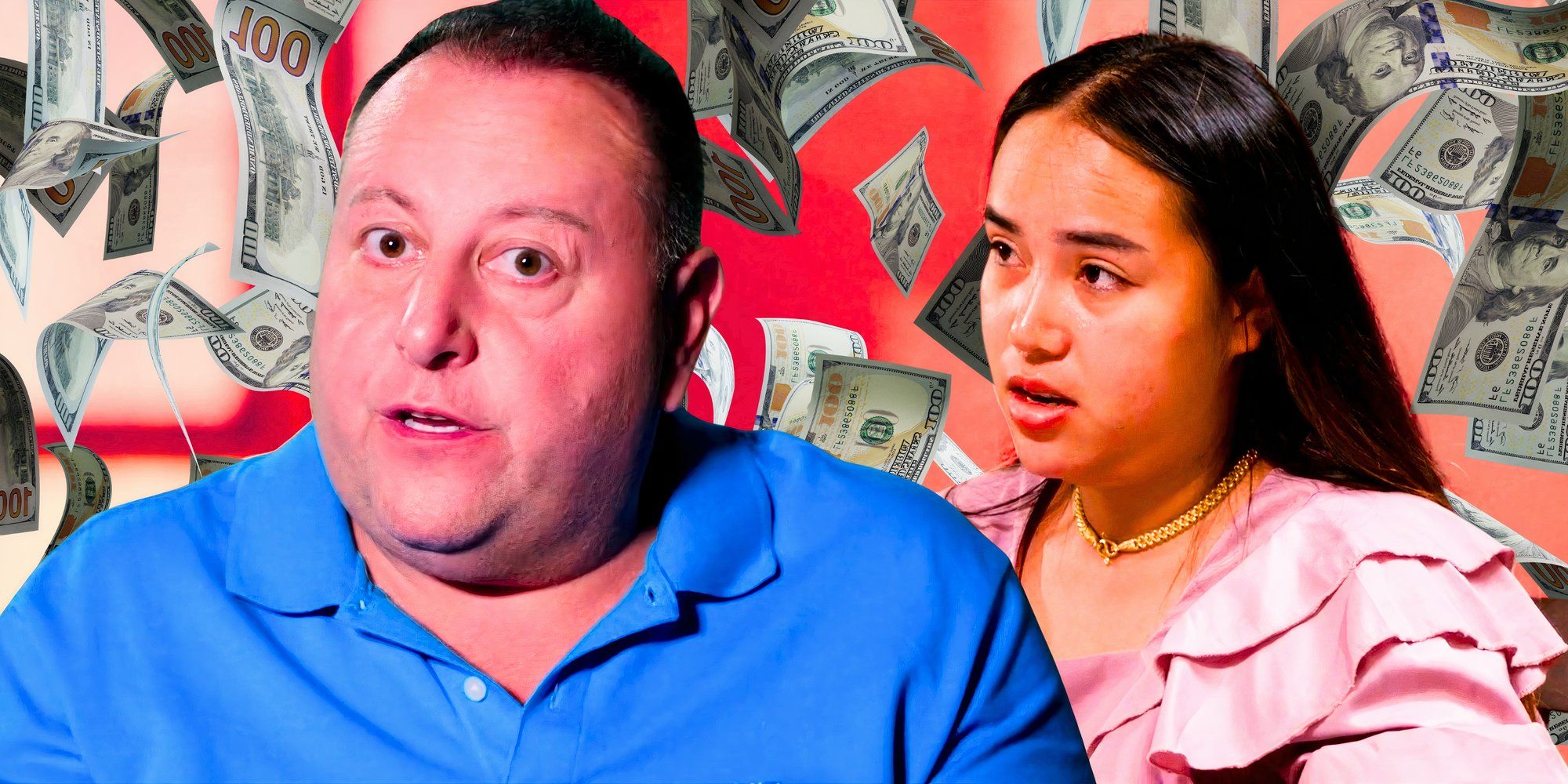 90 Day Fiancé David Toborowsky looking surprised with shocked Annie Suwan surrounded by money