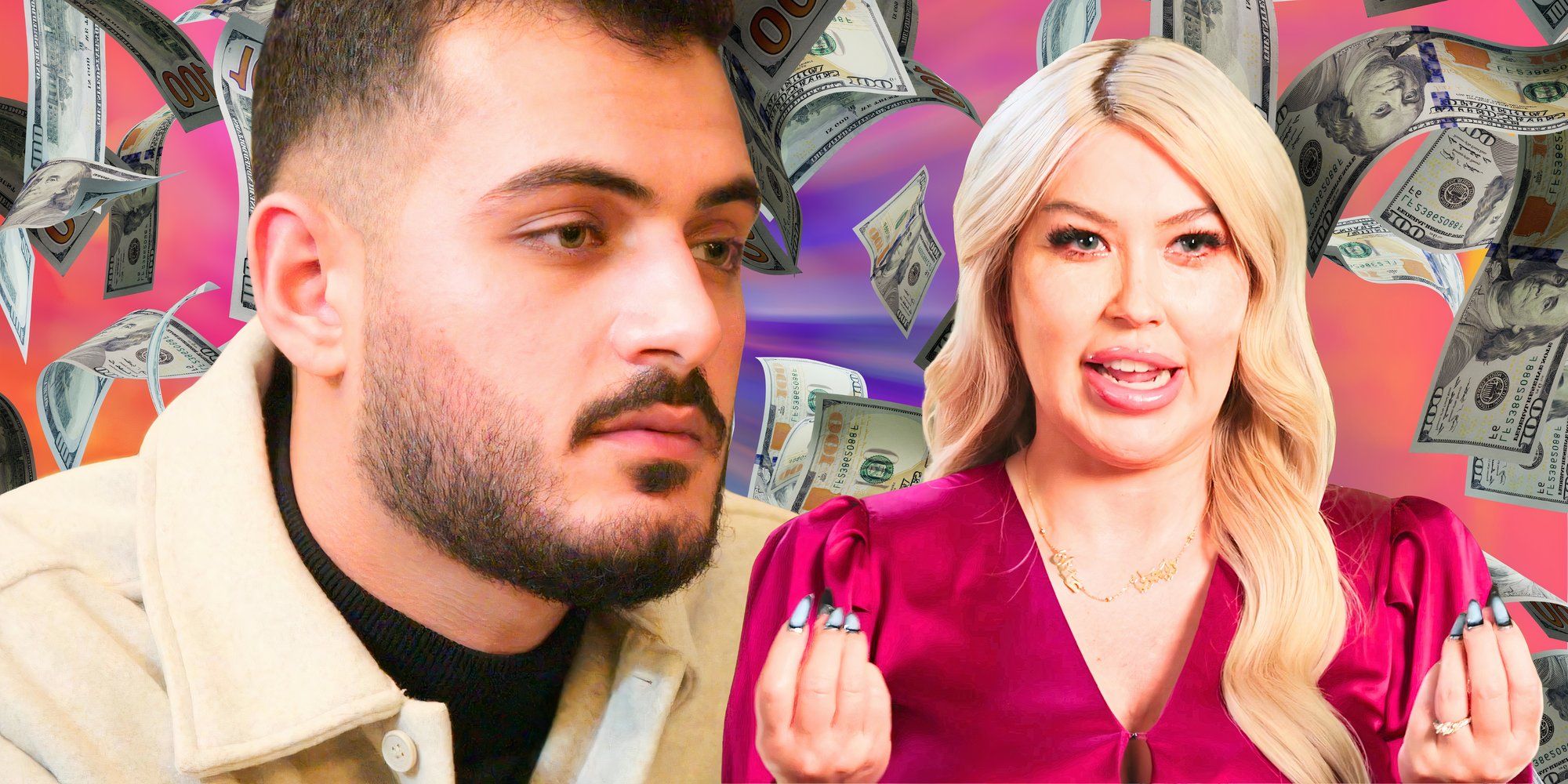 90 Day Fiancé Adnan Abdelfattah looking glum Tigerlily Taylor surrounded by dollar bills