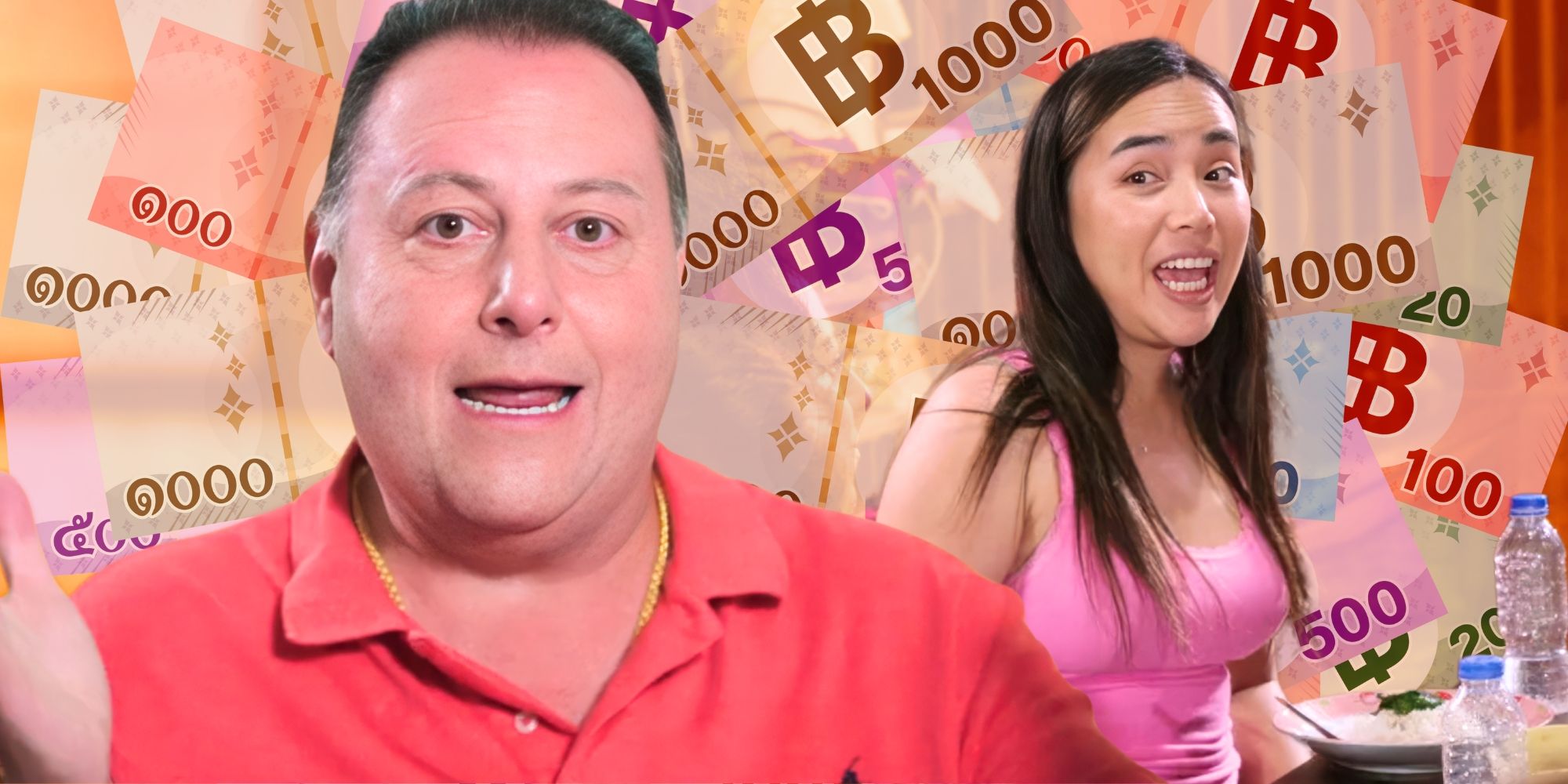 90 Day Fiancé's David Toborowsky &amp; Annie Suwan look surprised amid Thai money behind them.