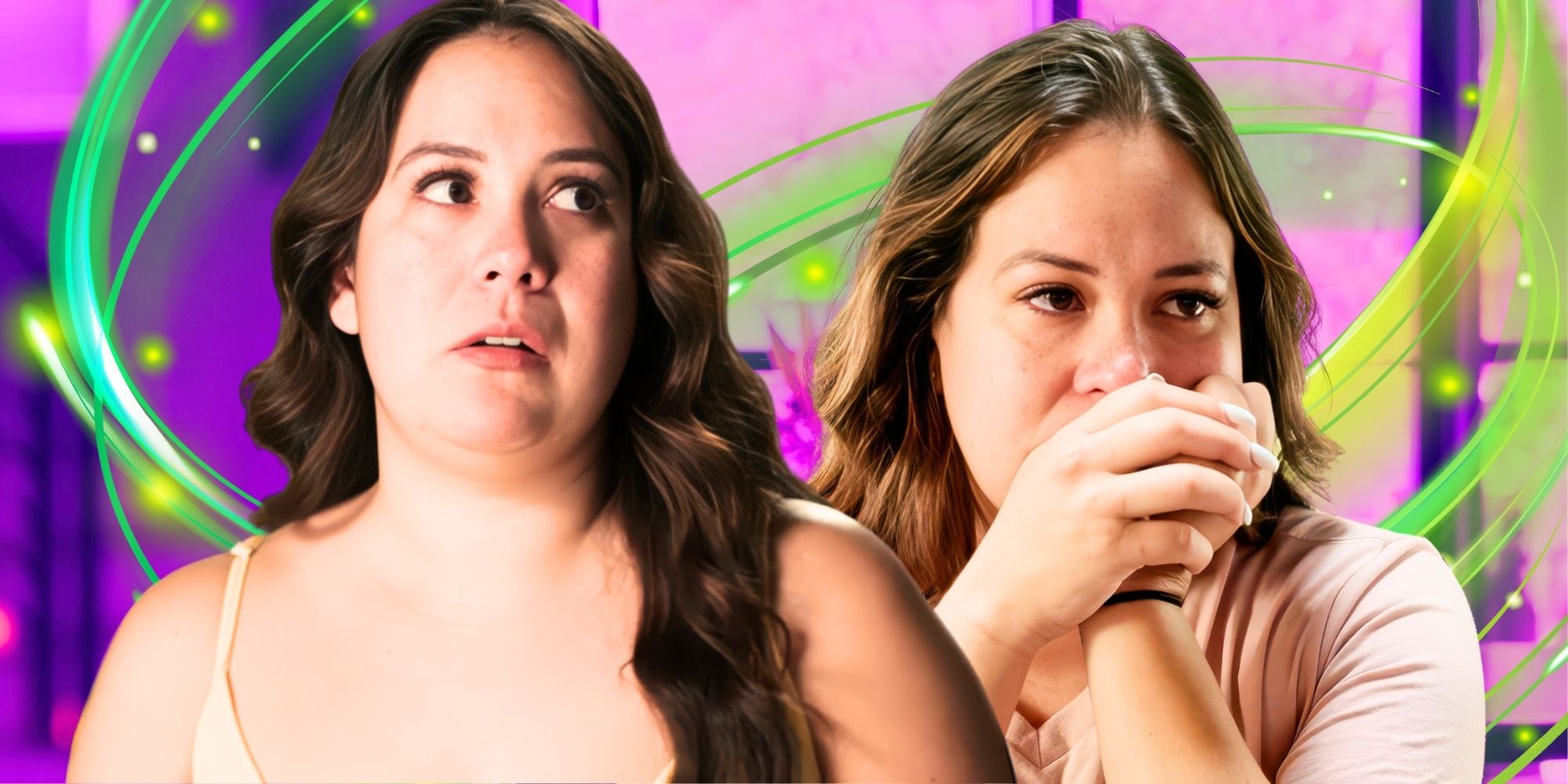 90 Day Fiancé's Liz Woods looks up in surprise and looks somber in a montage image.