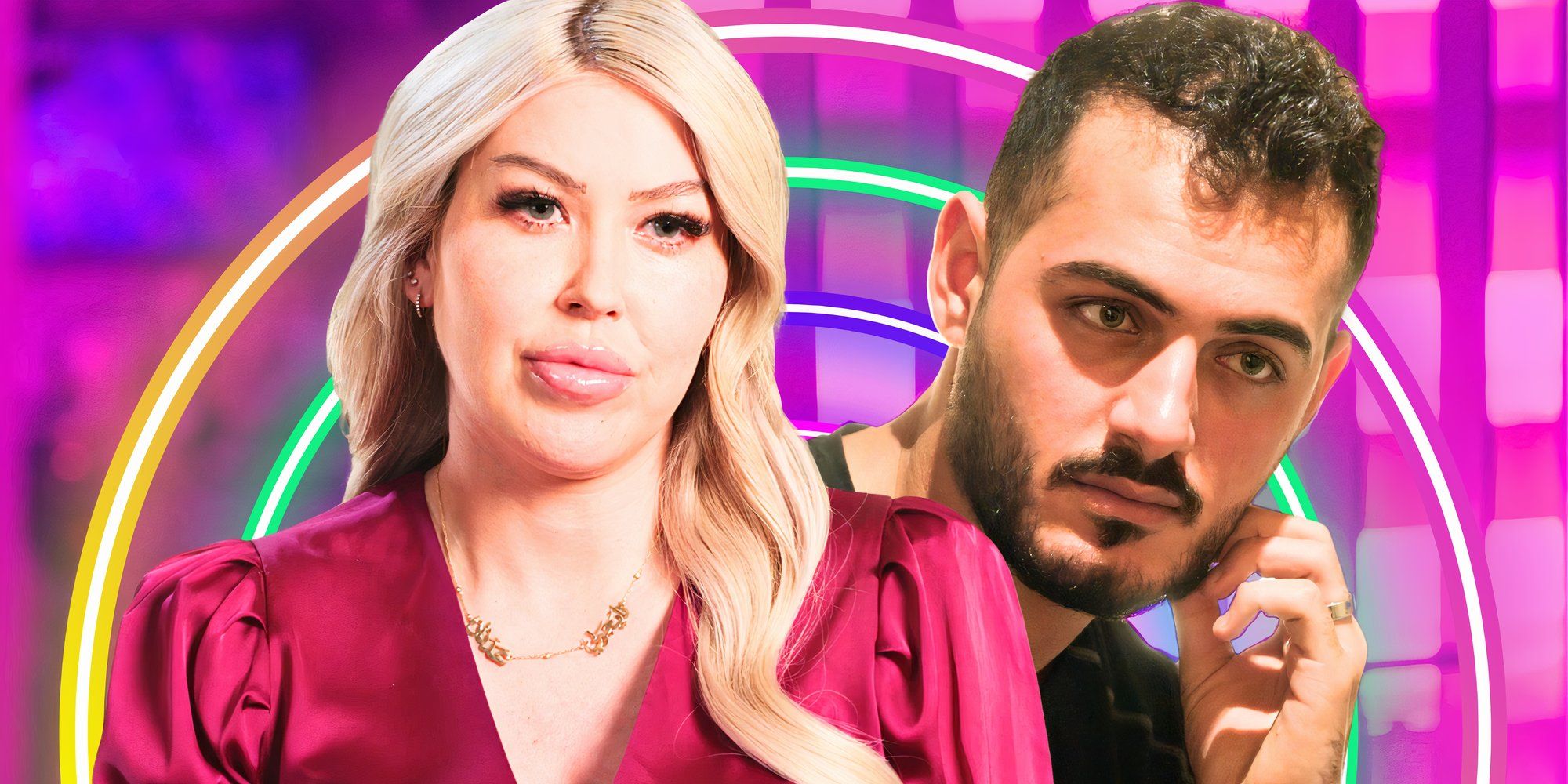 90 Day Fiancé Adnan & Tigerlily Abdelfattah looking serious with neon background