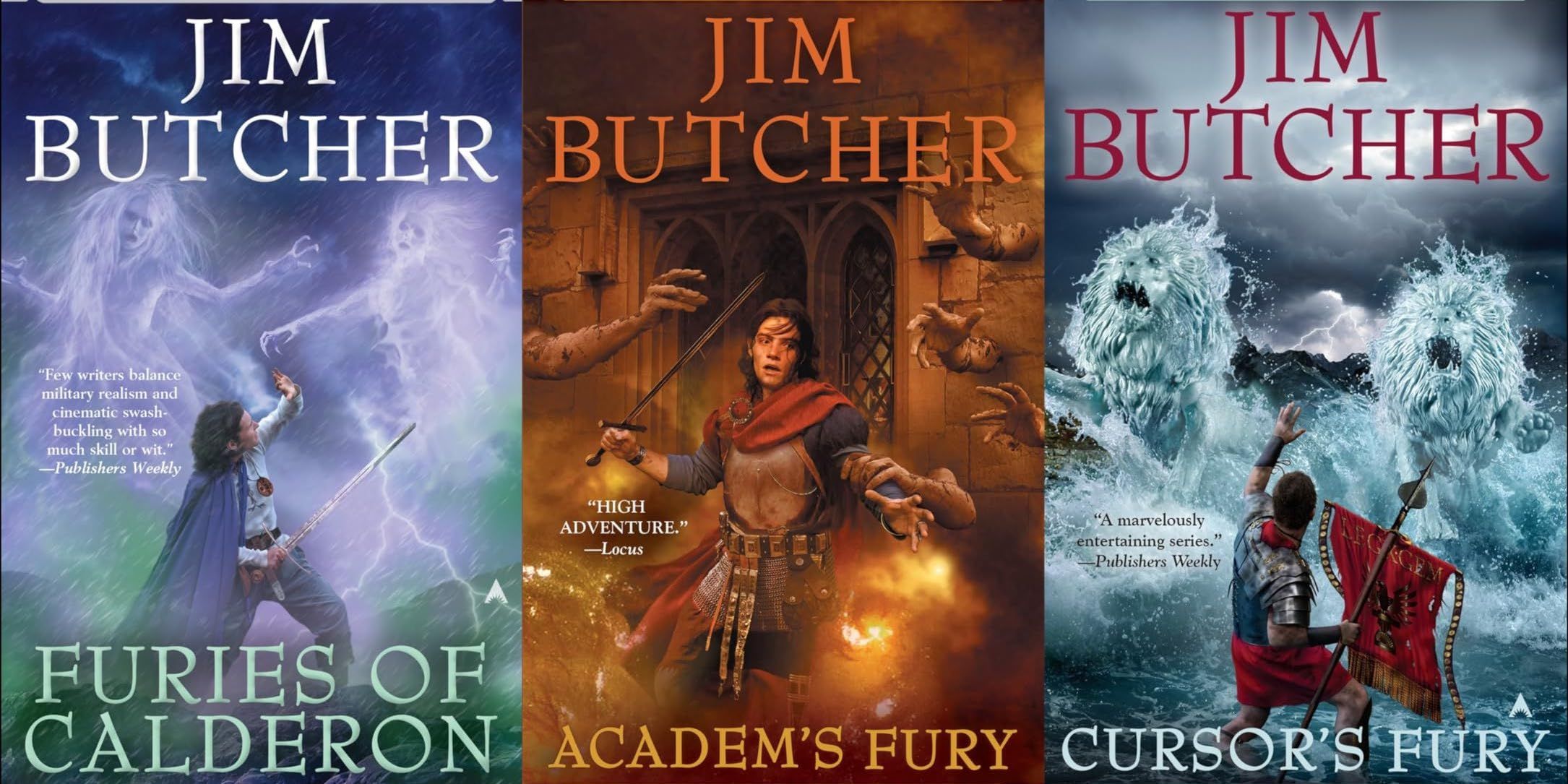 The covers of Jim Butcher's first three Codex Alera novels