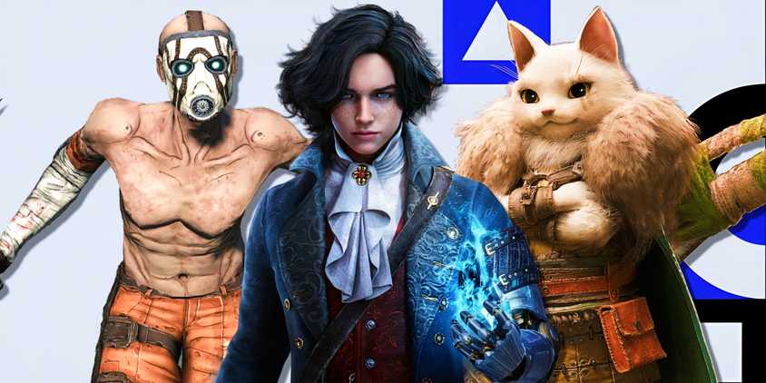 A Borderlands Psycho, P from Lies of P, and a Palico from Monster Hunter Wilds in front of the State of Play banner.