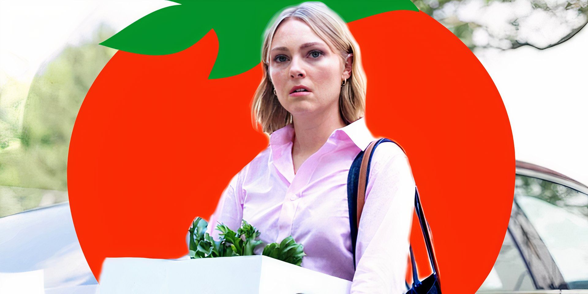 A character from Grosse Pointe Garden Society carrying her stuff while there is a RT symbol in the background