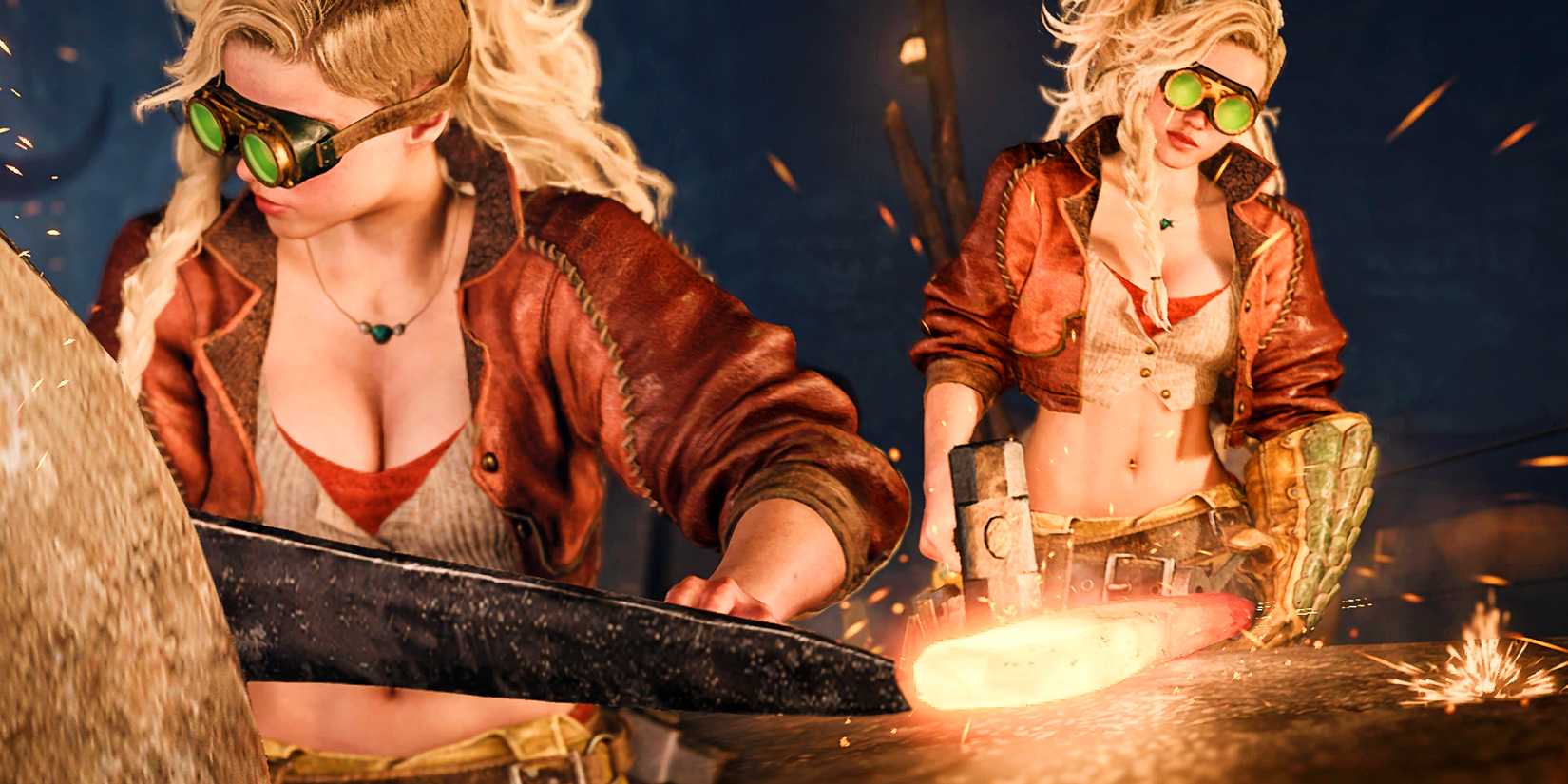 A collage of images featuring Gemma at her forge in Monster Hunter Wilds.