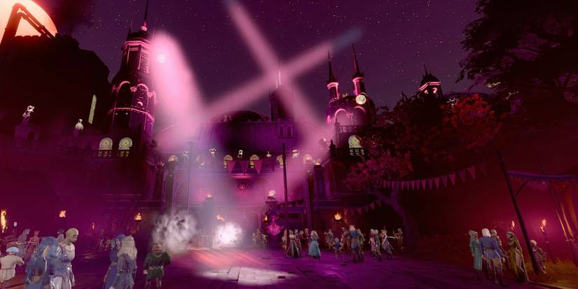 A Crowd Standing Outside the Grand Theater in Baldurs gate 3