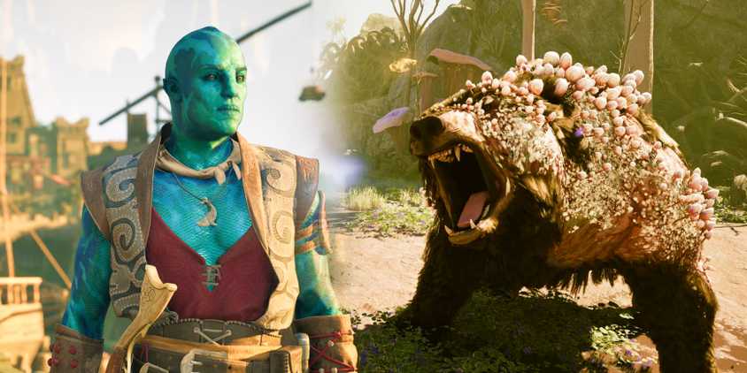 A godlike and a fungus-covered bear in screenshots from Avowed.