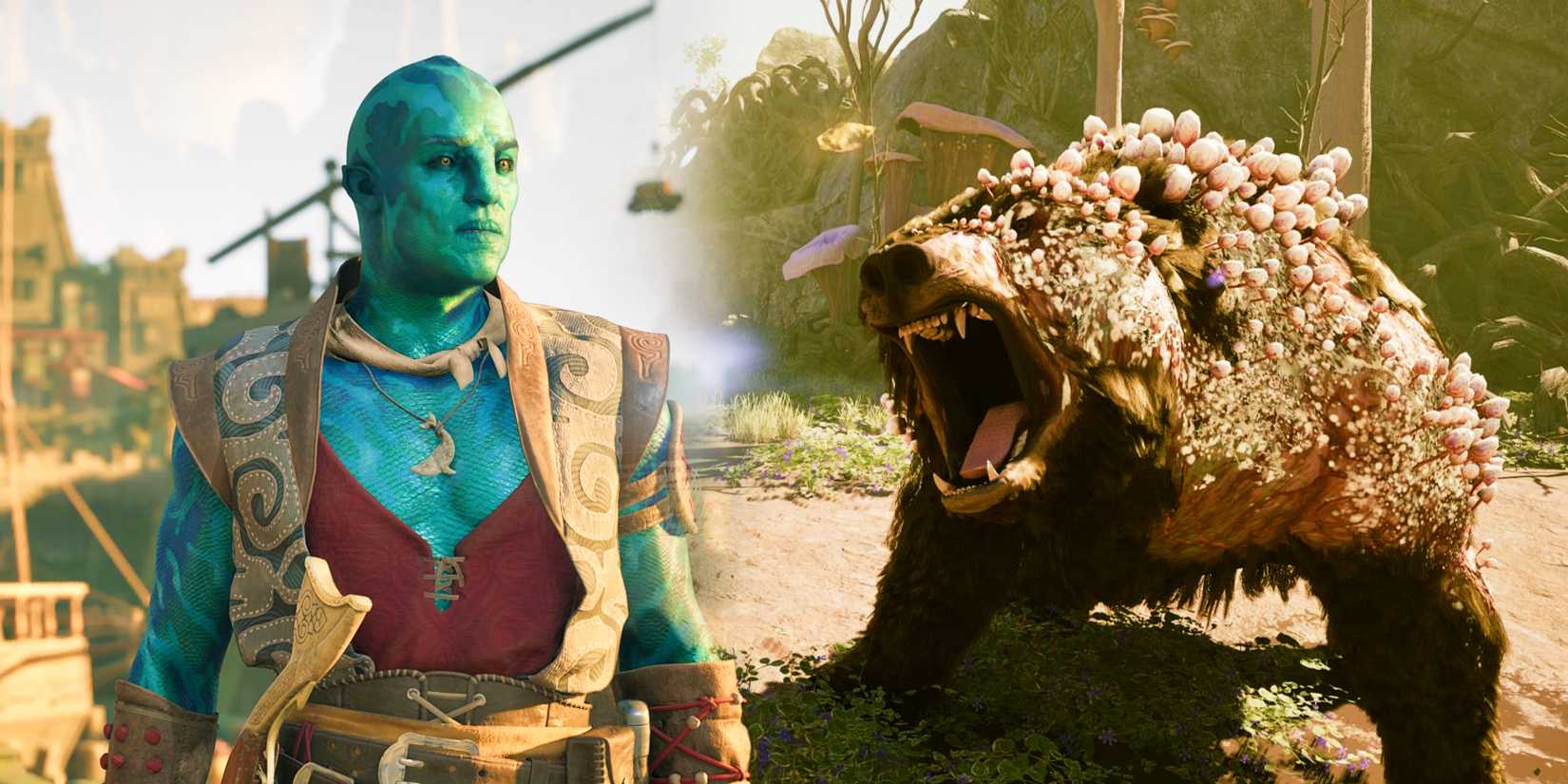 A godlike and a fungus-covered bear in screenshots from Avowed.