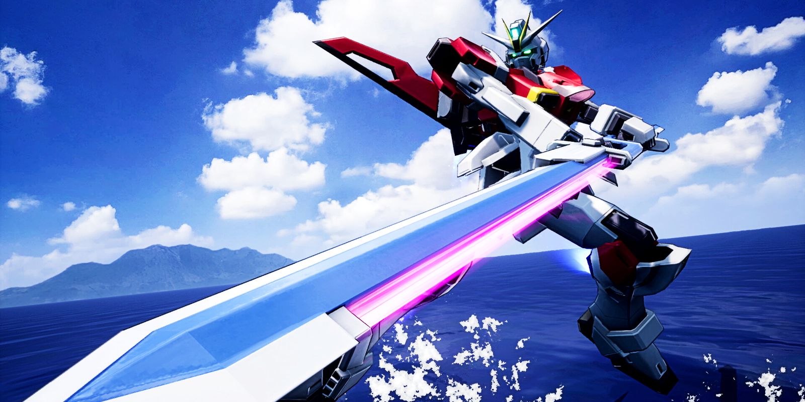 A Mobile Suit flying above water and holding a giant sword in Gundam SEED Battle Destiny.