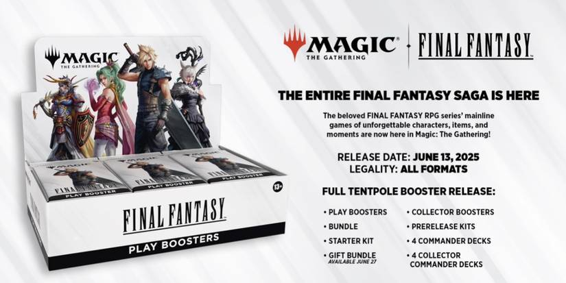 A photo of a play booster display box for the MTG X FF set, alongside the set's release date info.