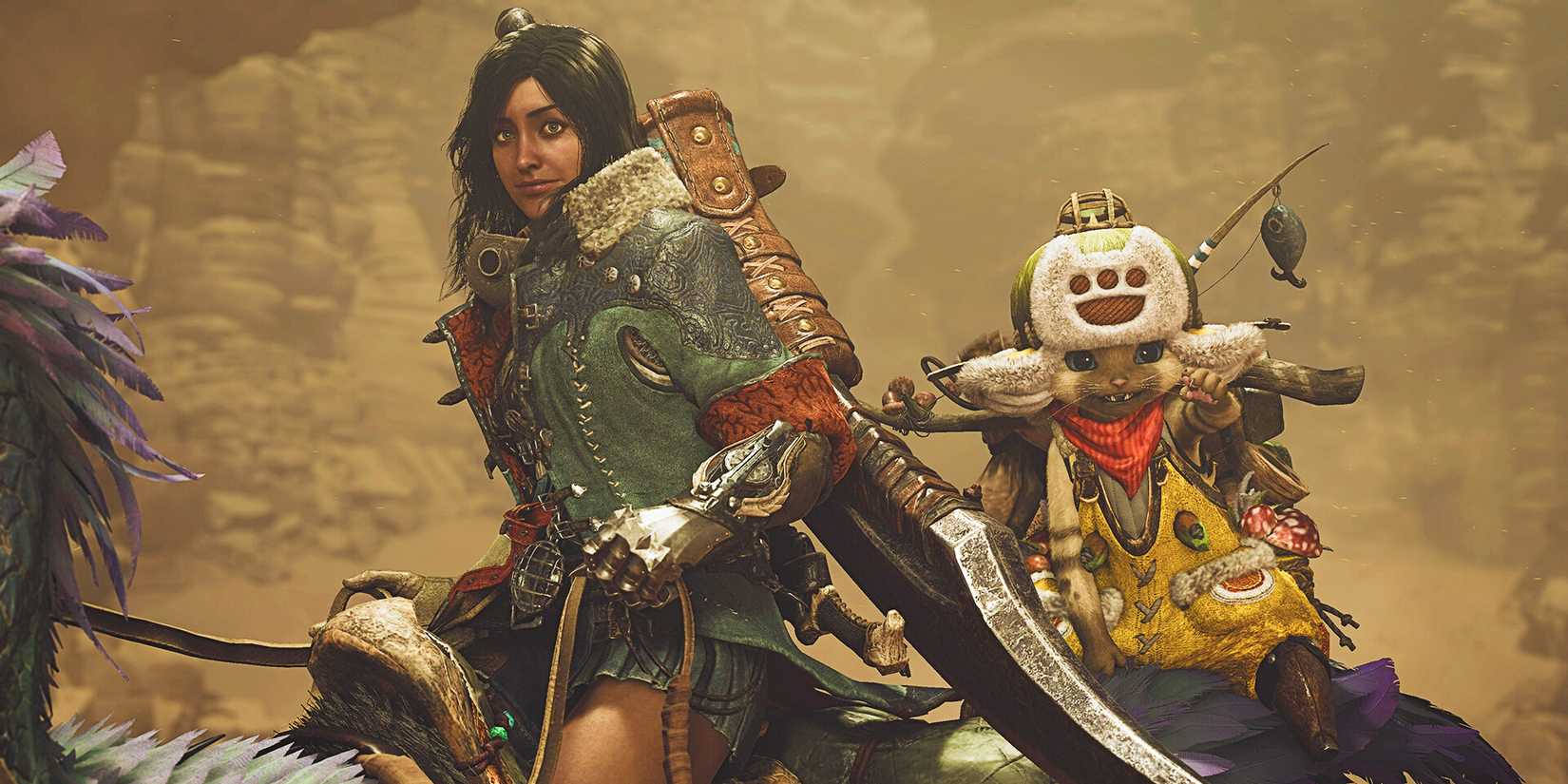A player character and their Palico riding a Seikret in Monster Hunter Wilds.