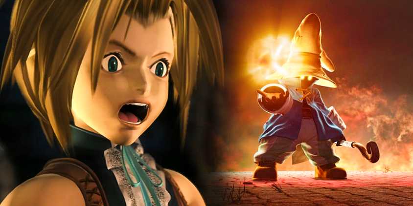 A shocked Zidane looks on as Vivi casts a fireball in a collage of screenshots from FF9.