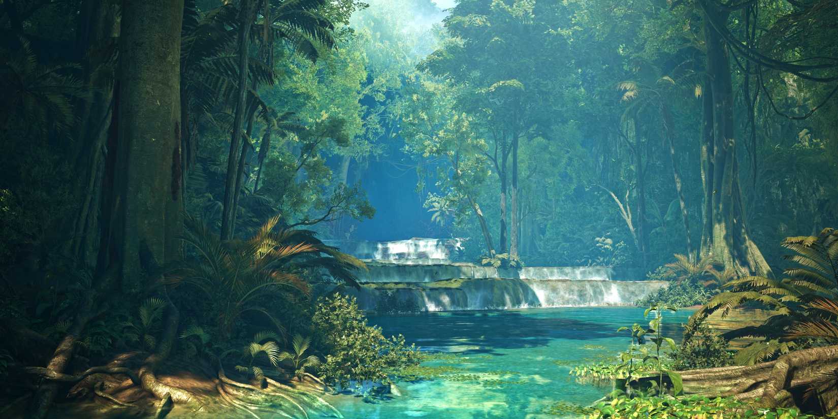 A small waterfall in the Scarlet Forest in a screenshot from Monster Hunter Wilds.
