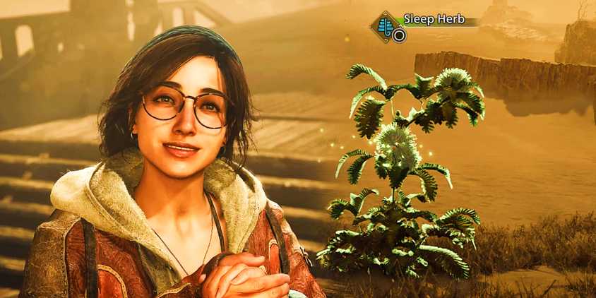 A smiling Alma next to a Sleep Herb in screenshots from Monster Hunter Wilds.