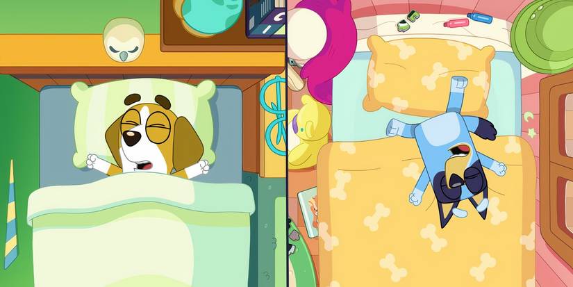 A split screen of Honey and Bluey lying in bed
