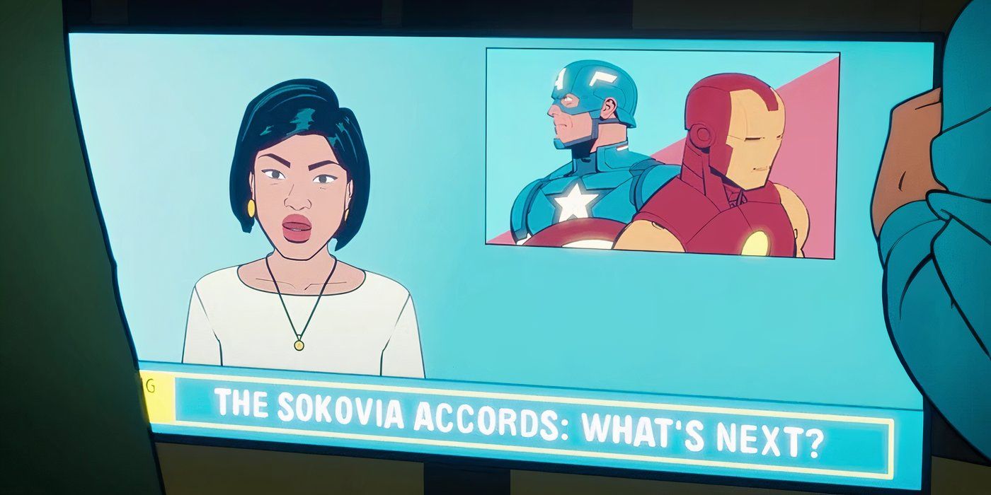 A TV showing the news reporting on the Avengers and the Sokovia Accords in Your Friendly Neighborhood Spider-Man (2025) episode 4