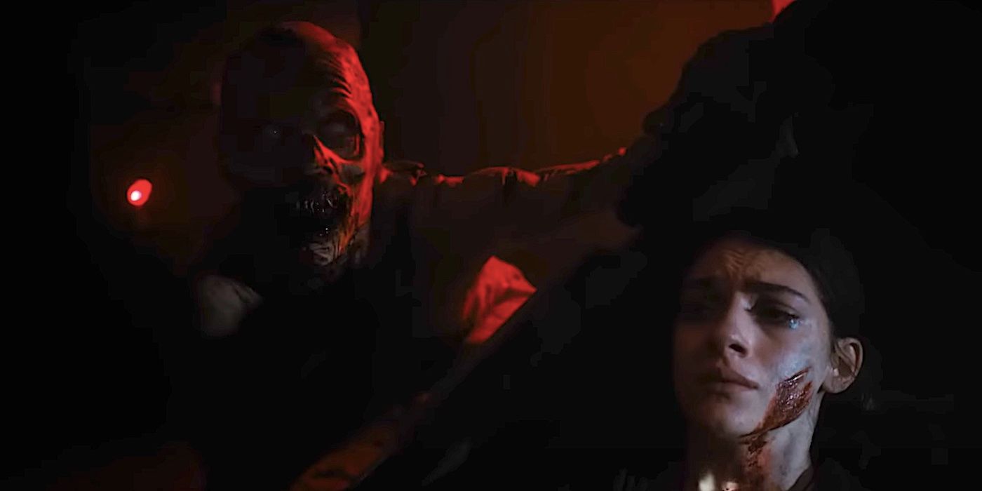 A wendigo beside a woman hiding in the dark from Until Dawn 2025