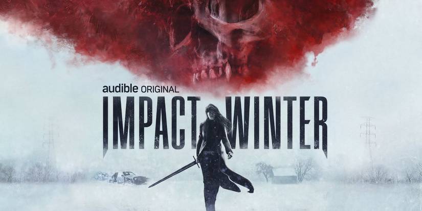 A woman holds a sword on the cover for the Audible podcast Impact Winter