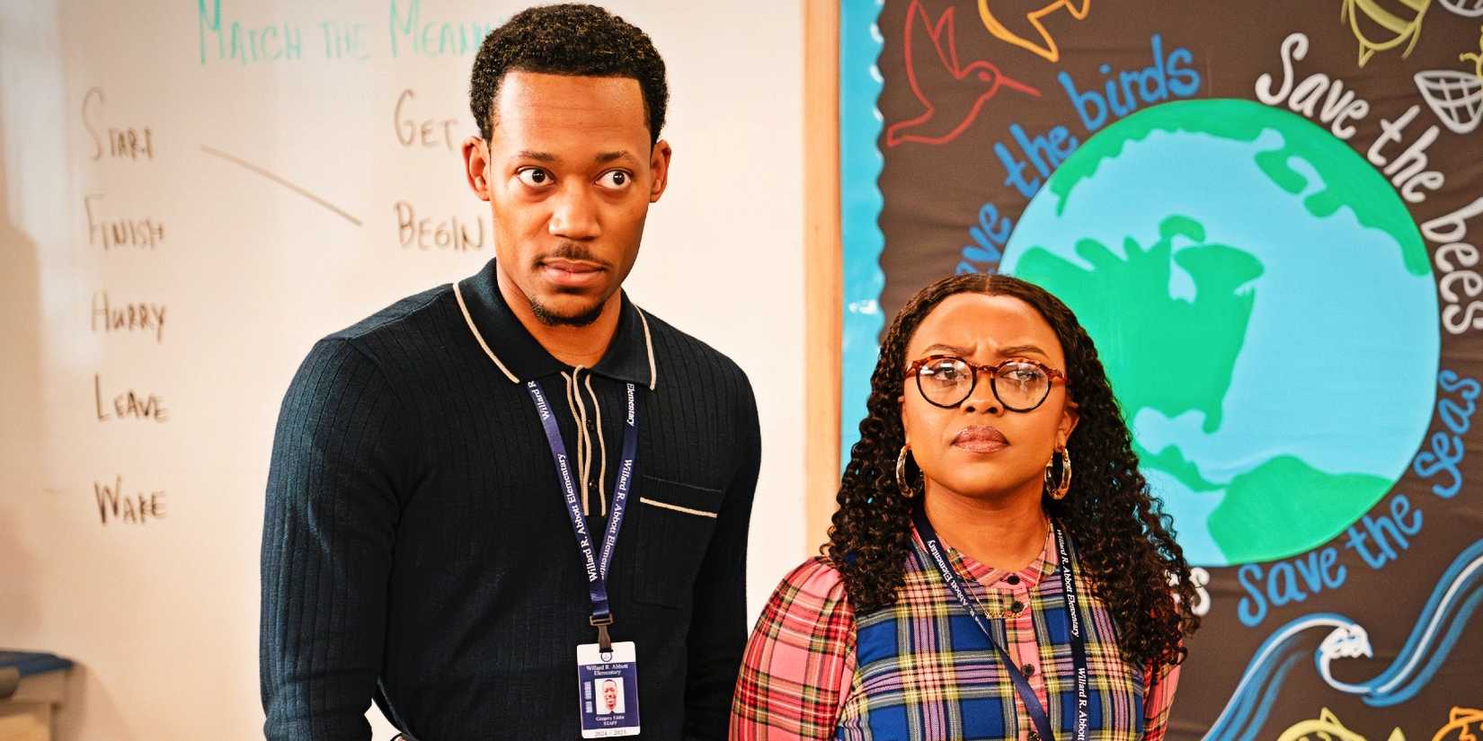 Gregory (Tyler James Williams) and Janine (Quinta Brunson) in Abbott Elementary season 4, episode 15.