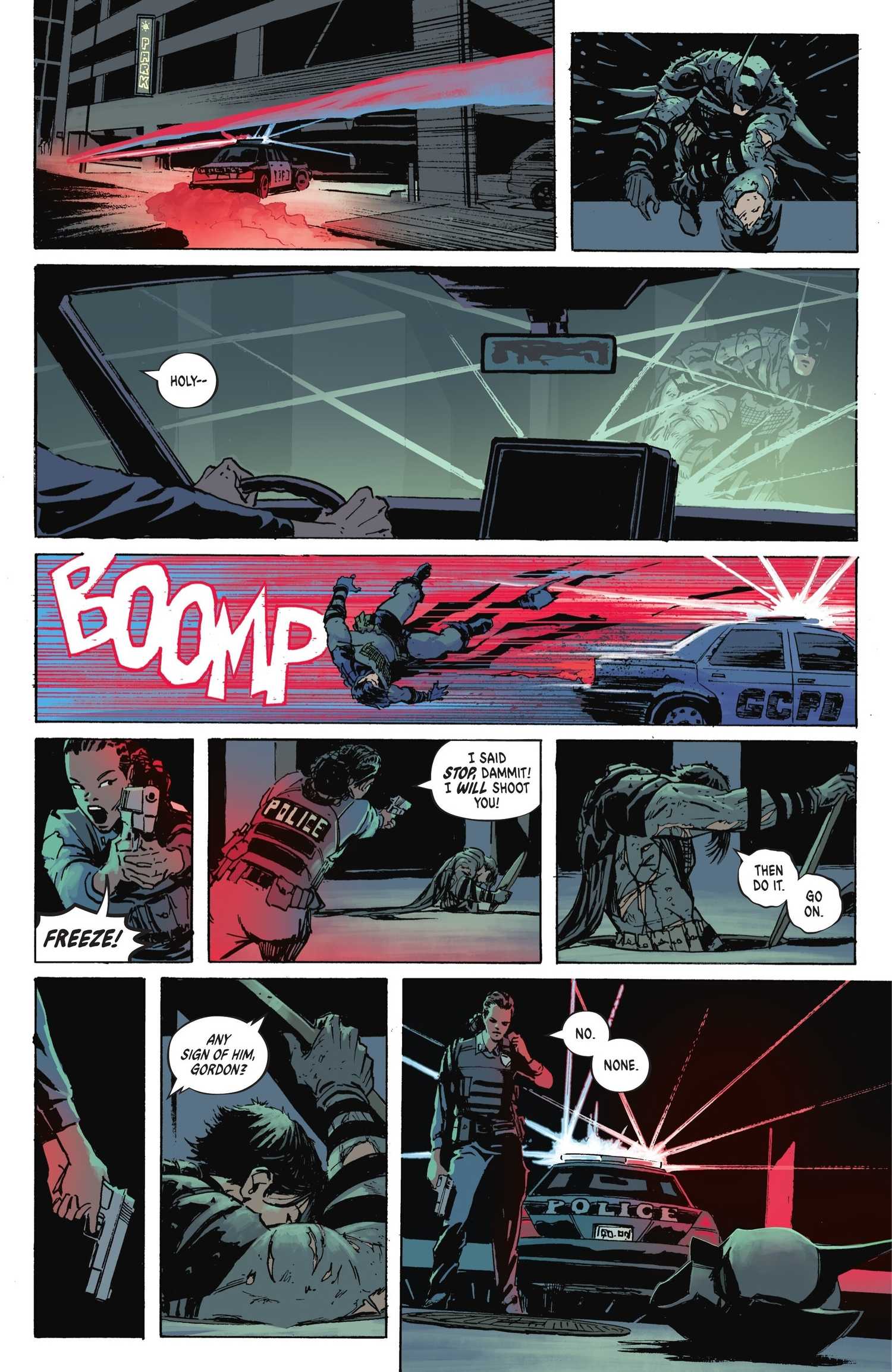 Batman escaping from Barbara Gordon and Barbara letting him go, from Absolute Batman #5