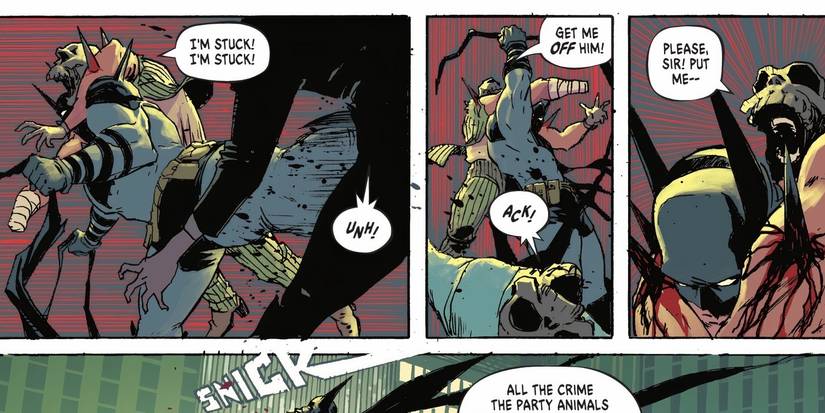 Absolute Batman has spiked shoulders that he carries a stuck goon on while fighting
