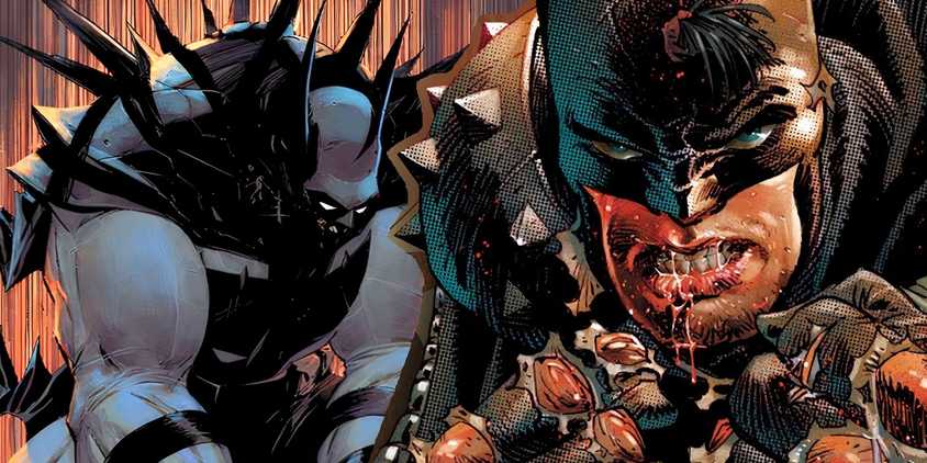 Absolute Batman spiked costume to the left and bloody Absolute Batman to the right