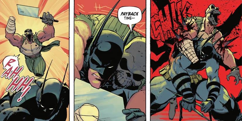 Absolute Batman uses costume spikes to spike through a goon on his back