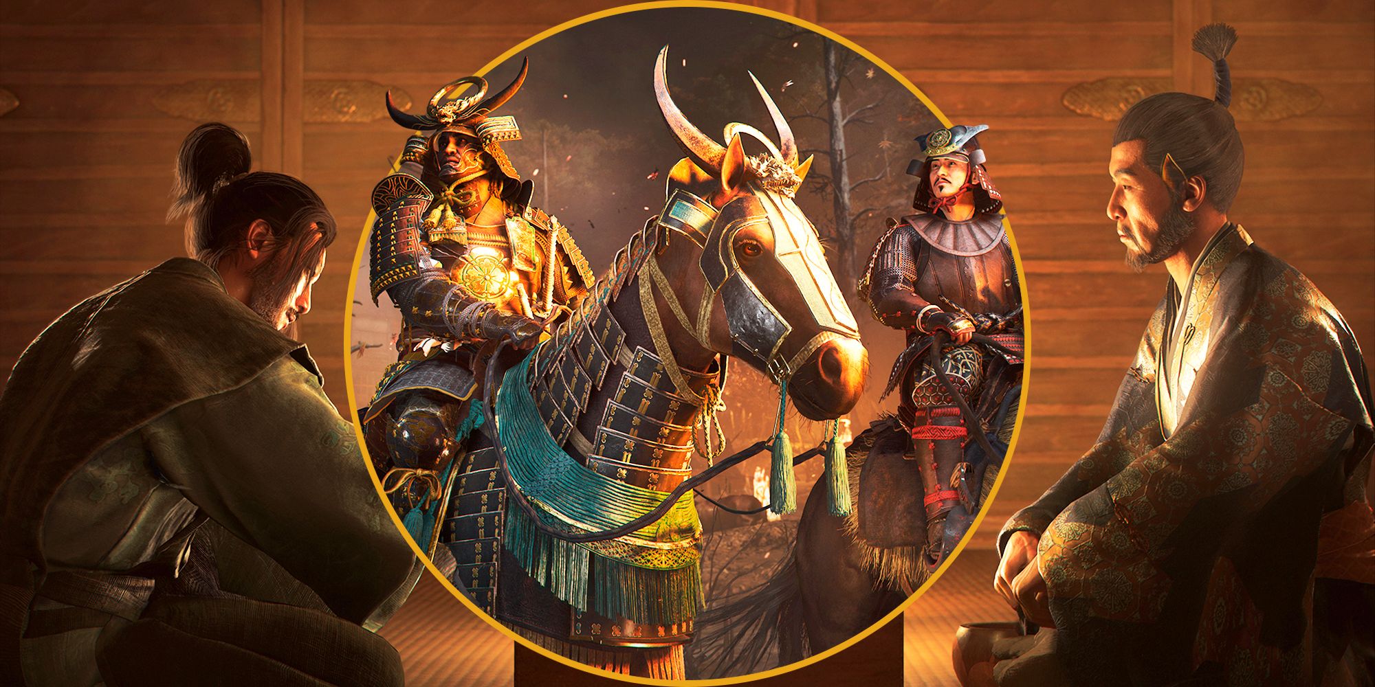 AC Shadows image showing Yasuke and another samurai on horses in the middle, in between two characters sitting having tea.
