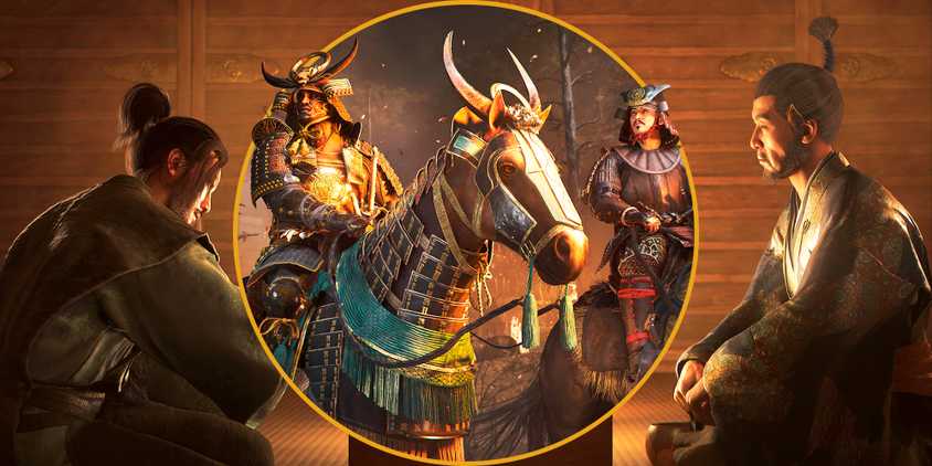 AC Shadows image showing Yasuke and another samurai on horses in the middle, in between two characters sitting having tea.